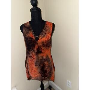 Vintage 90’s Y2K Top V Neck Sleeveless Tank Top Orange Brown Velvet Trim MED
